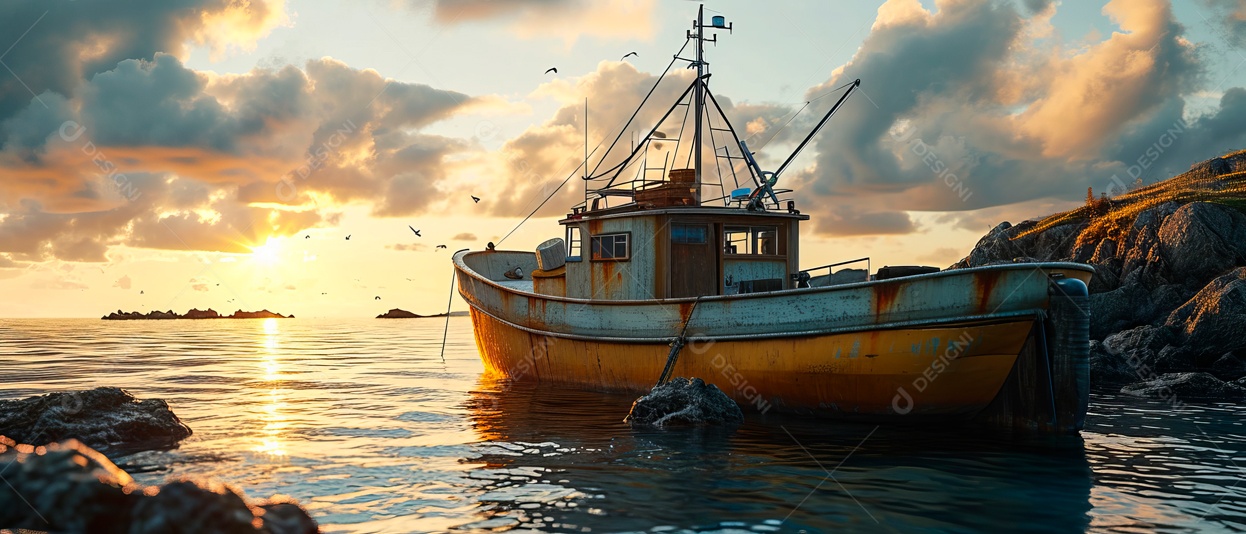 Barcos de pesca ao longo da costa no mar IA generativa.