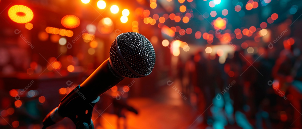 Microfones estão no palco em concertos, conferências e discursos. IA generativa.
