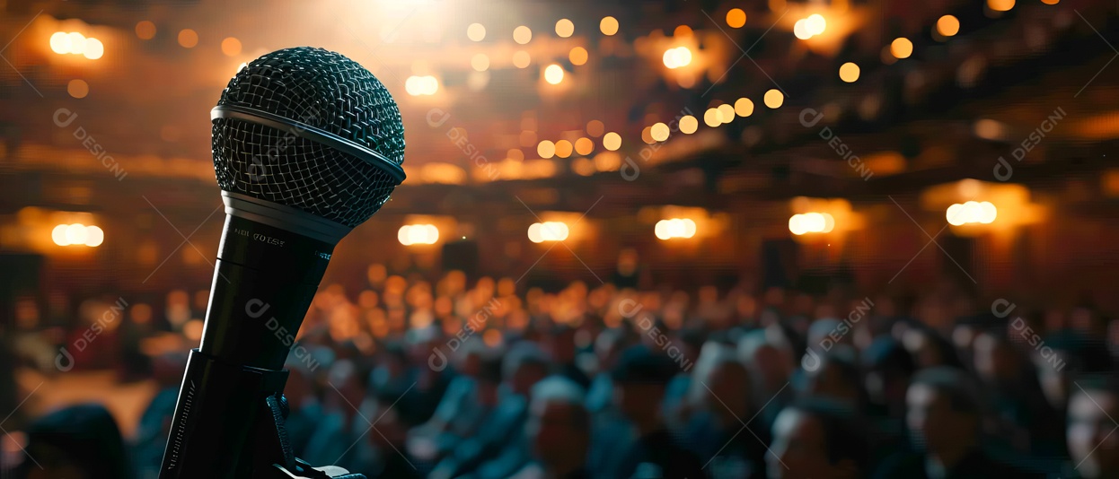 Microfones estão no palco em concertos, conferências e discursos. IA generativa.