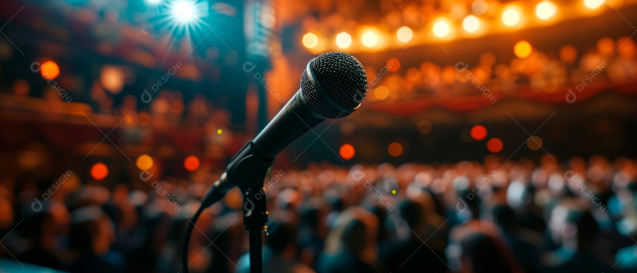 Microfones estão no palco em concertos, conferências e discursos. IA generativa.