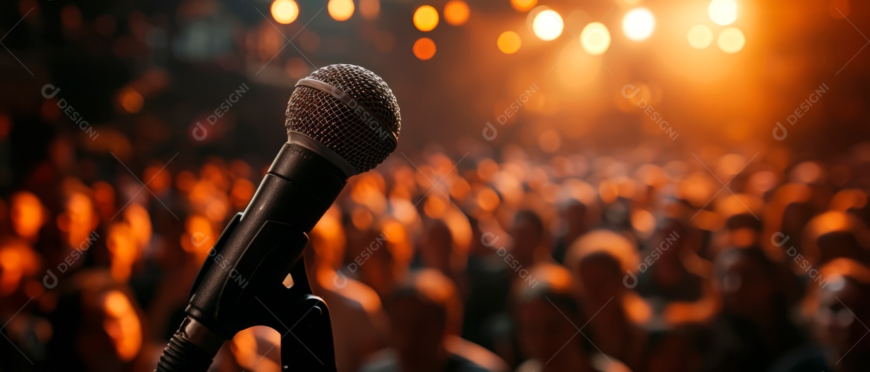 Microfones estão no palco em concertos, conferências e discursos. IA generativa.
