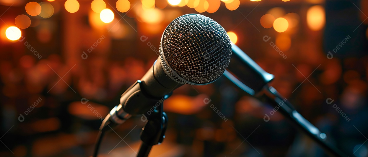 Microfones estão no palco em concertos, conferências e discursos. IA generativa.