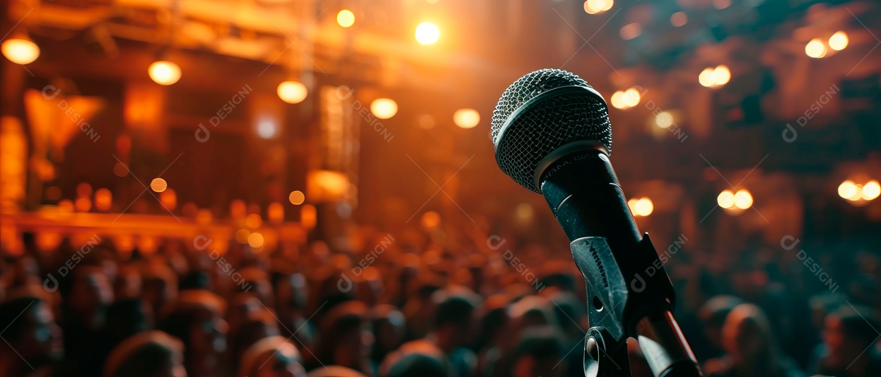 Microfones estão no palco em concertos, conferências e discursos. IA generativa.