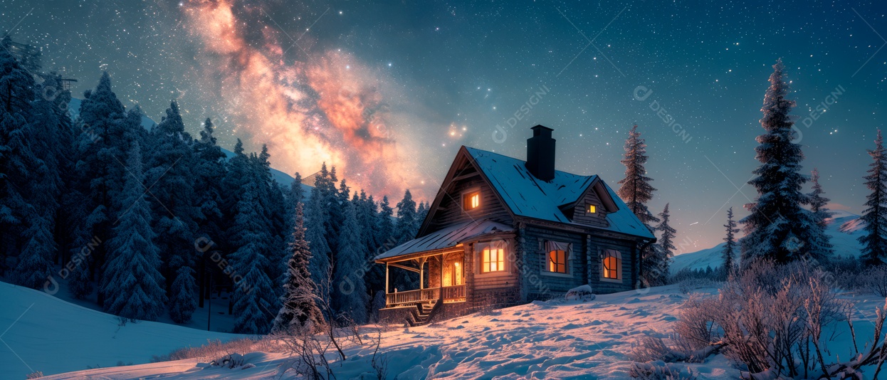 Casa de neve e céu da Via Láctea à noite IA generativa.