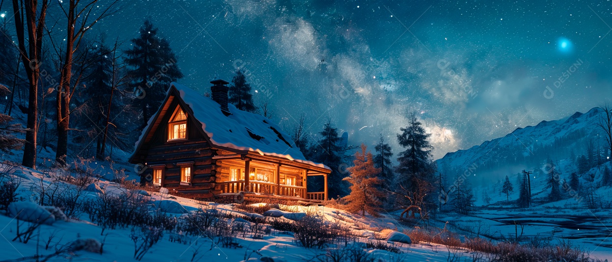 Casa de neve e céu da Via Láctea à noite IA generativa.