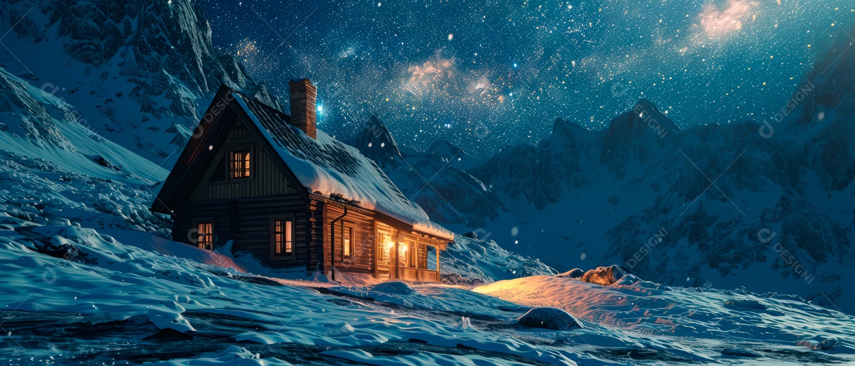 Casa de neve e céu da Via Láctea à noite IA generativa.