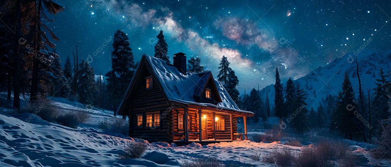 Casa de neve e céu da Via Láctea à noite IA generativa.