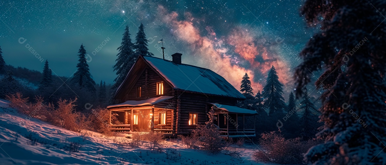 Casa de neve e céu da Via Láctea à noite IA generativa.