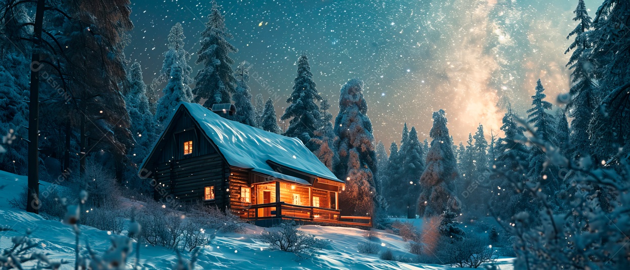 Casa de neve e céu da Via Láctea à noite IA generativa.