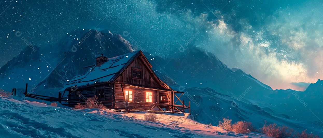 Casa de neve e céu da Via Láctea à noite IA generativa.