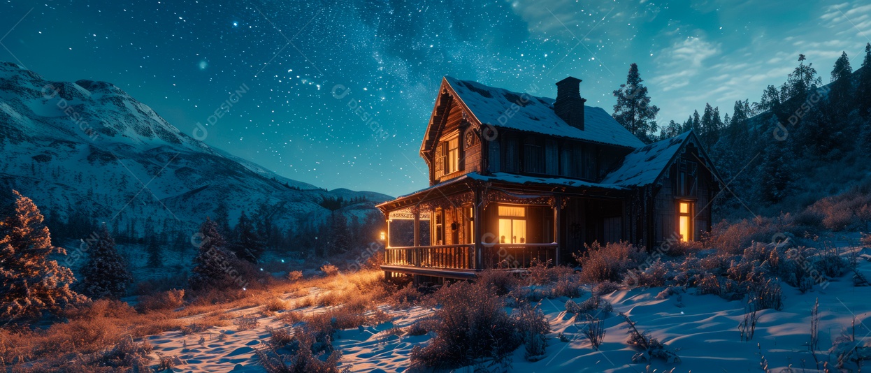 Casa de neve e céu da Via Láctea à noite IA generativa.