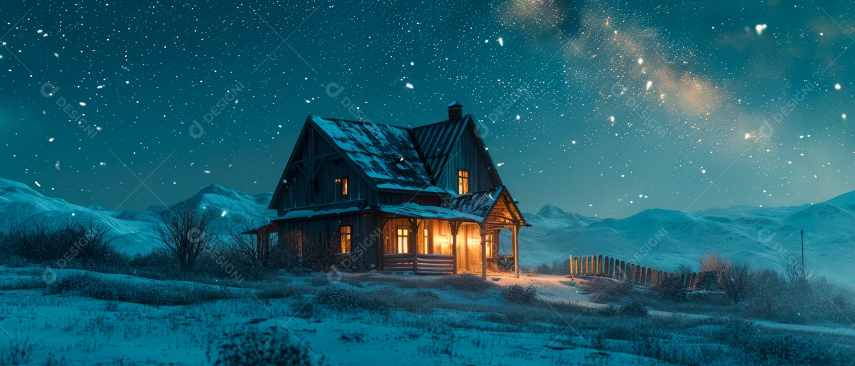 Casa de neve e céu da Via Láctea à noite IA generativa.