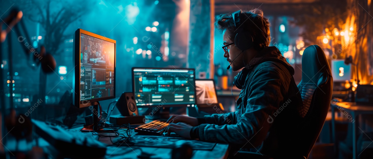 O editor está editando o vídeo no computador Generative AI.