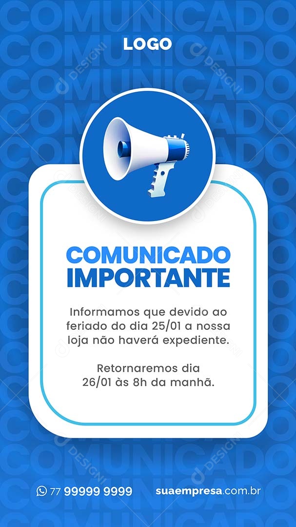 Story Comunicado Importante Feriado di Dia 25/01 Social Media  PSD Editável