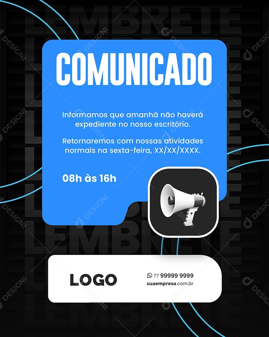 Comunicado Informamos que Amanhã não Haverá Expediente Social Media PSD Editável