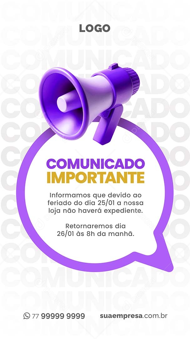 Story Comunicado Importante Retornaremos Dia 26/01 as 8H da Manhã Social Media  PSD Editável