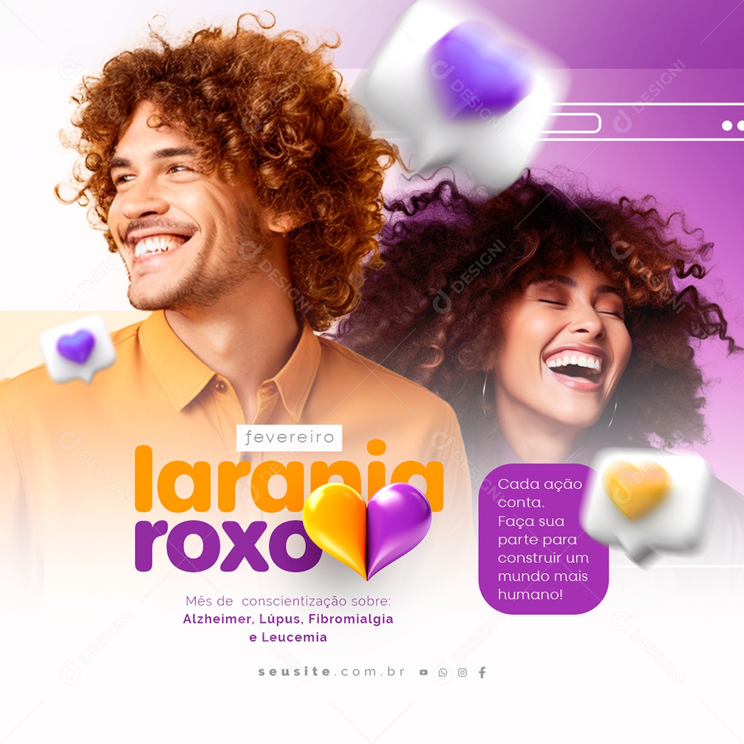 Fevereiro Laranja e Roxo Mês de conscientização sobre Alzheimer Lúpus Social Media PSD Editável