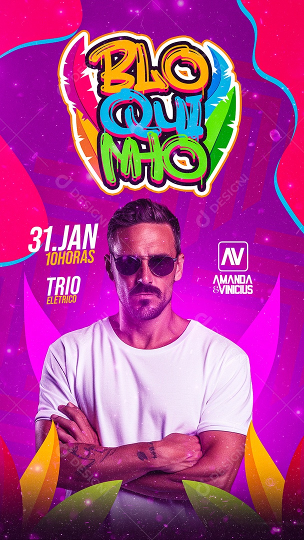 Flyer Carnaval Bloquinho Amanda & Vinicius Social Media PSD Editável