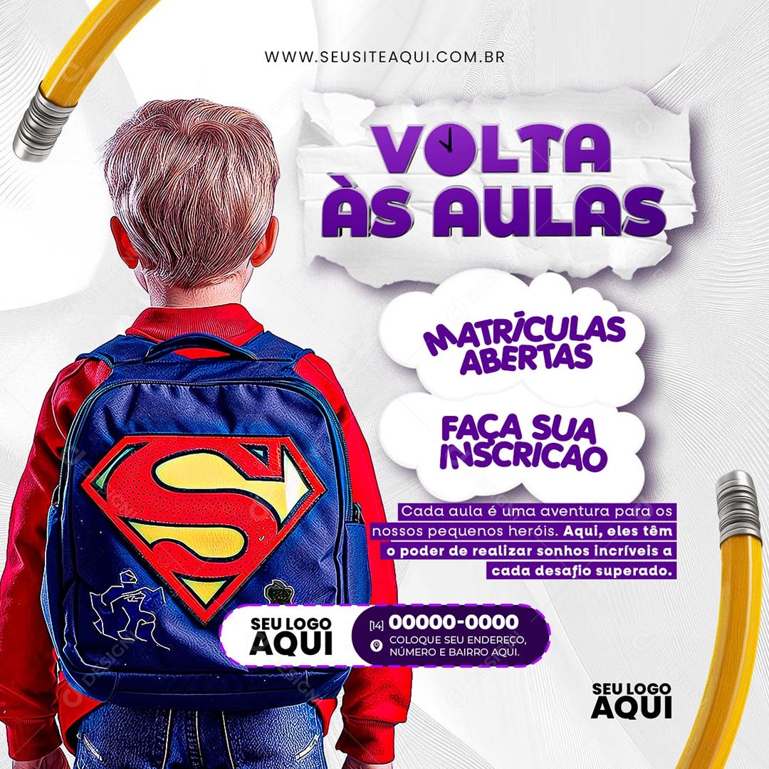 Volta às Aulas é uma Aventura para nossos Pequenos Heróis Social Media PSD Editável