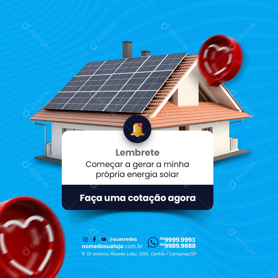 Energia Solar Lembrete Faça uma cotação agora Social Media PSD Editável