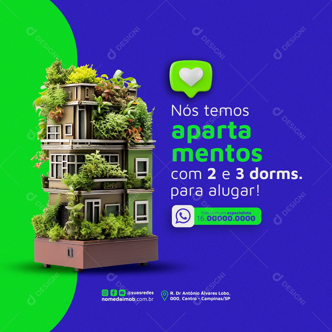 Imobiliária Nós temos apartamentos com 2 e 3 dorms para alugar Social Media PSD Editável