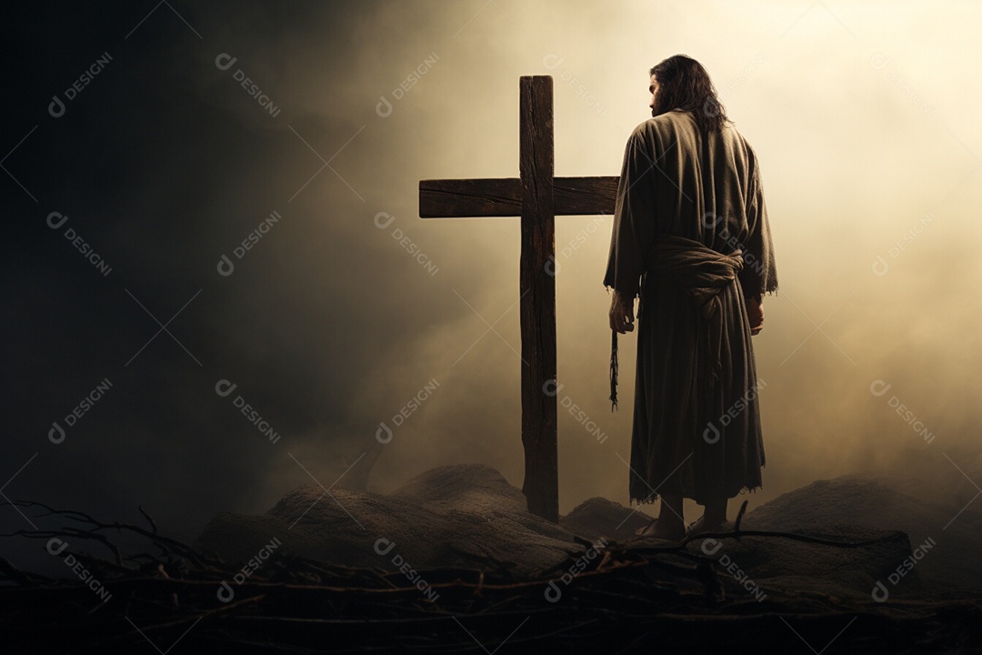 Retrato semelhante a Jesus Cristo ao lado de calvário