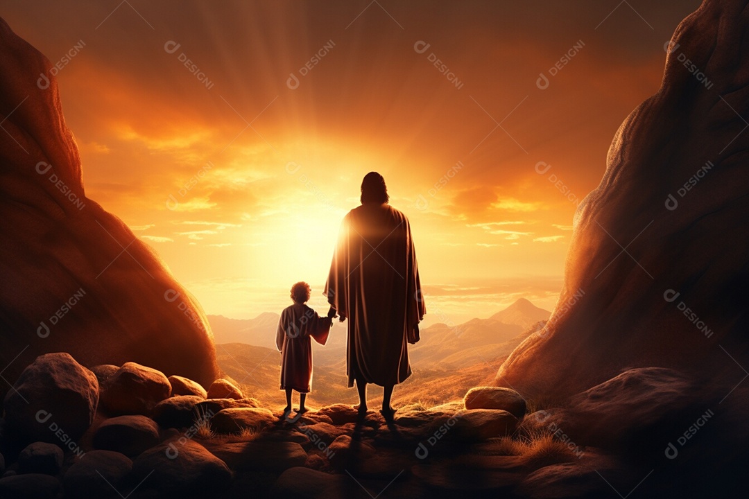 Retrato semelhante a Jesus Cristo ao lado de criança