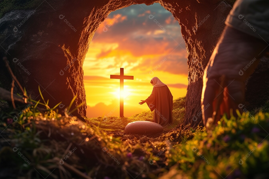 Retrato semelhante a Jesus Cristo ao lado de calvário