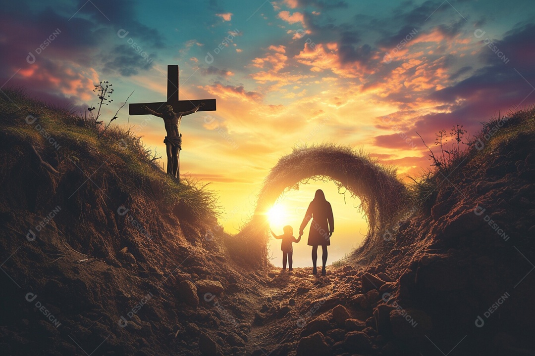 Silhueta de pessoas ao lado de Calvário