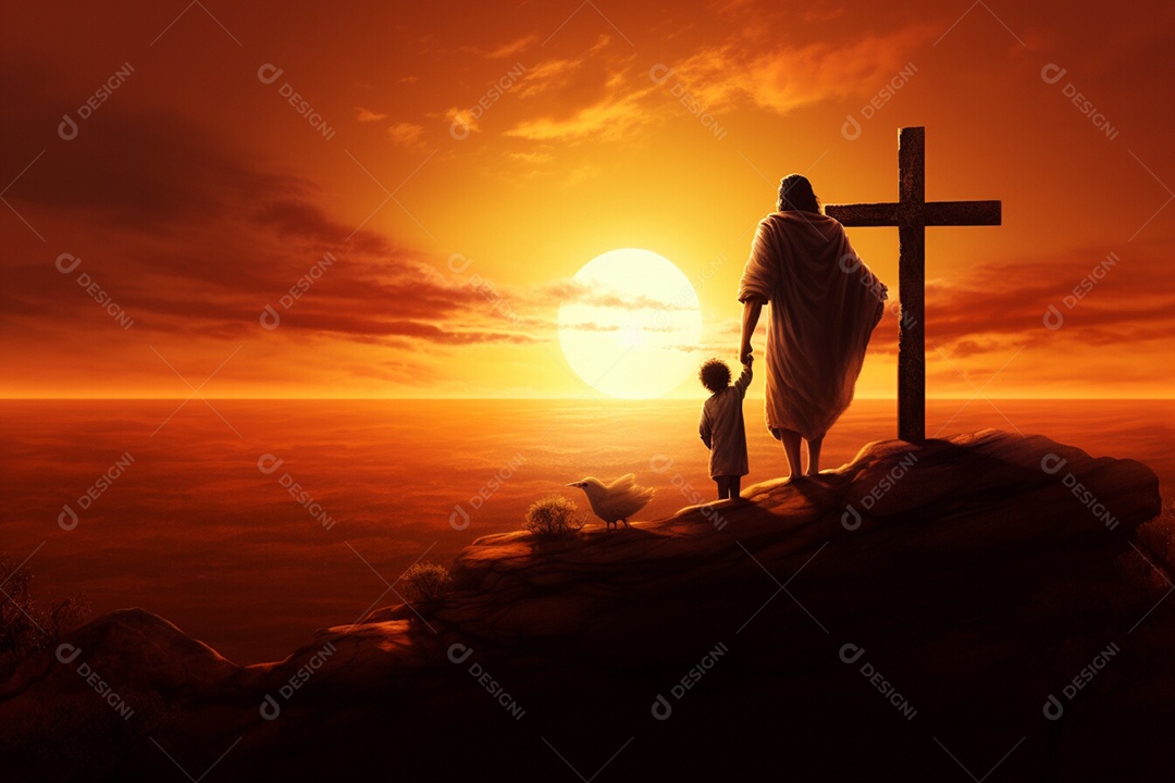 Silhueta de retrato semelhante de Jesus Cristo ao lado de calvário