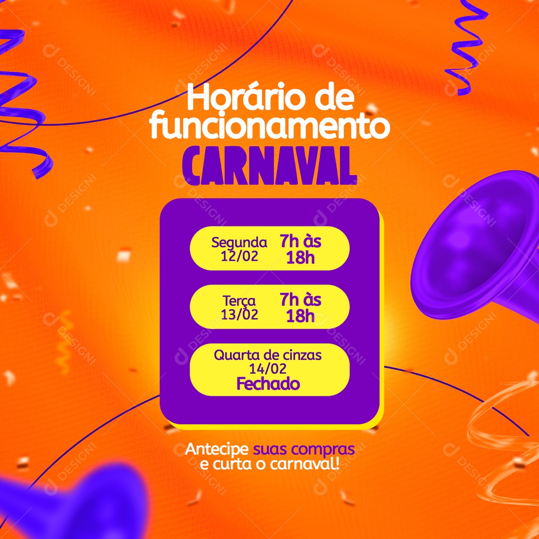 Horário de Funcionamento Carnaval  Social Media PSD Editável