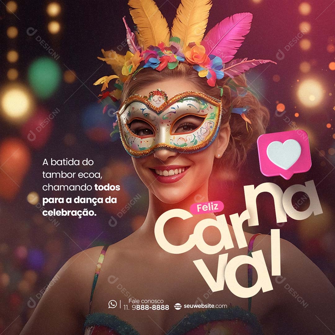 Feliz Carnaval a Batida do Tambor Ecoa Chamando todos para a Dança Social Media PSD Editável
