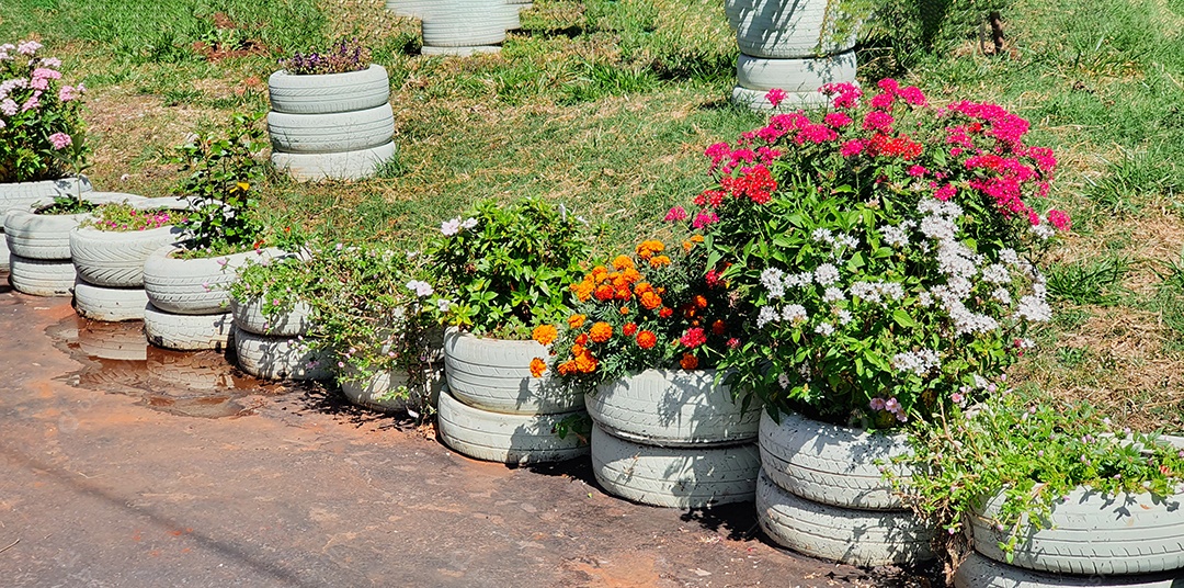 Jardim de flores coloridas feito com materiais recicláveis