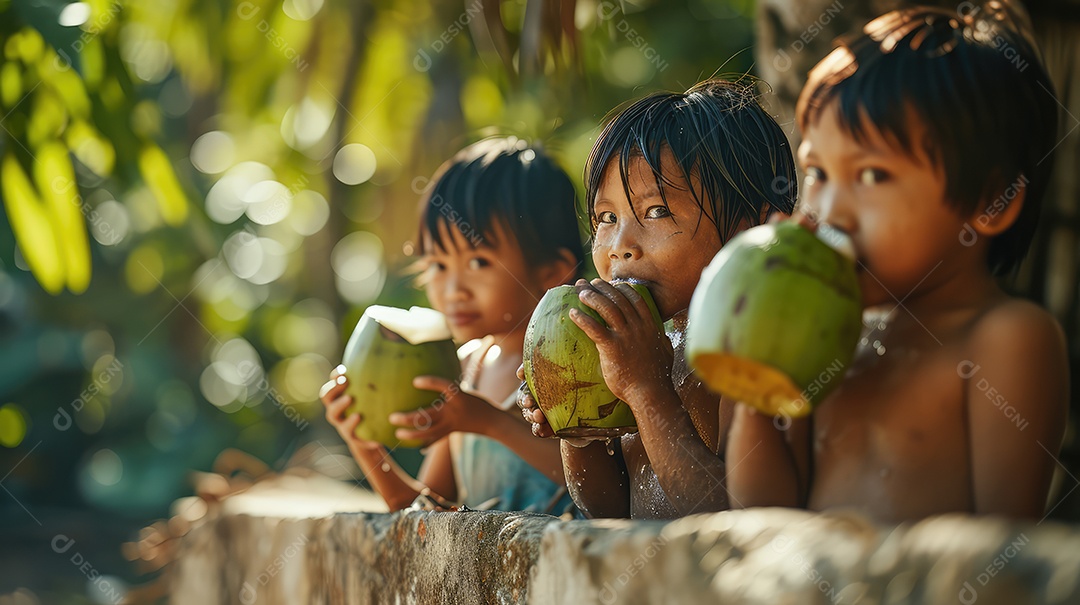 Crianças se refrescando com água de coco em dia quente na praia