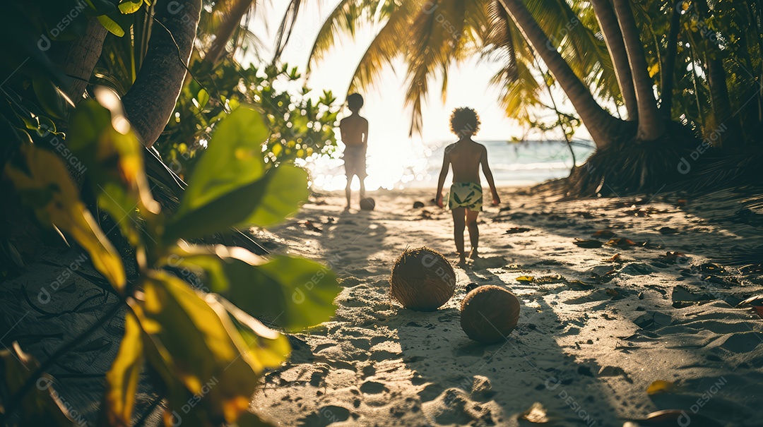 Crianças se refrescando com água de coco em dia quente na praia
