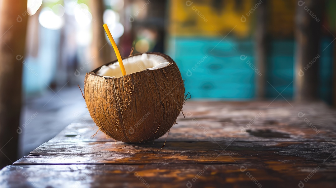 Coco da praia aberto com água de coco fresquinha para refrescar do calor