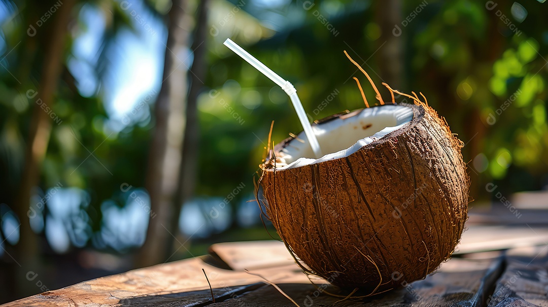 Coco da praia aberto com água de coco fresquinha para refrescar do calor