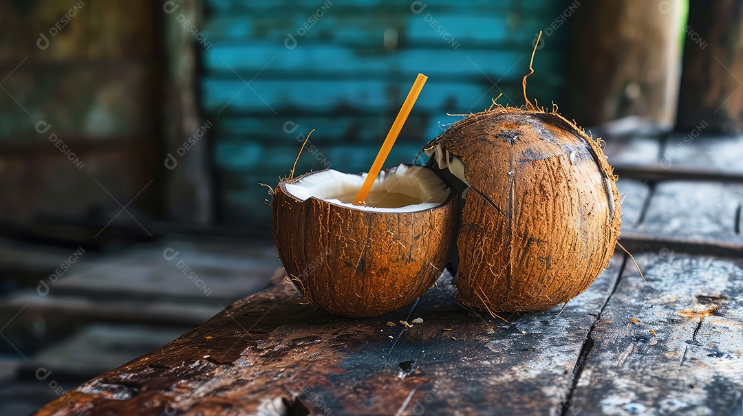 Coco da praia aberto com água de coco fresquinha para refrescar do calor