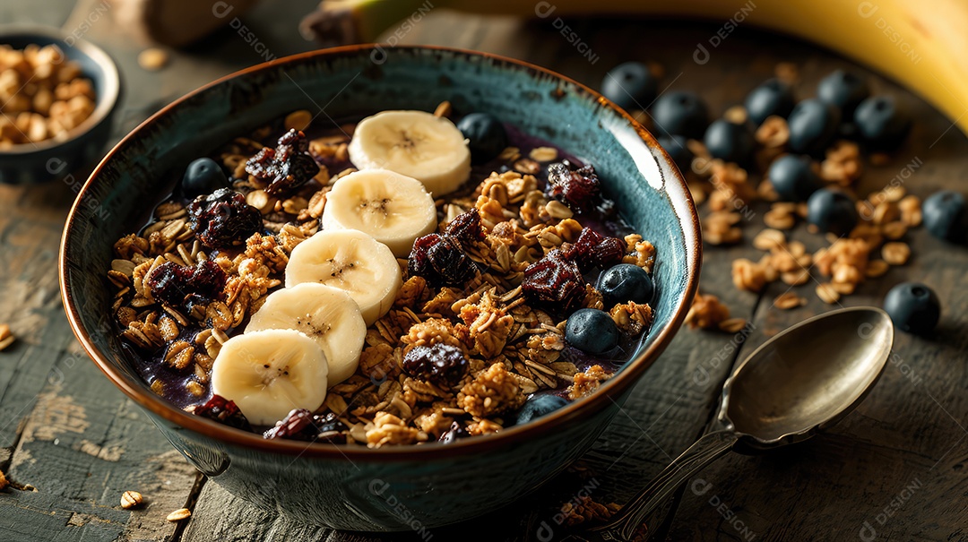 Granolas em uma Tigela sobre uma mesa de madeira