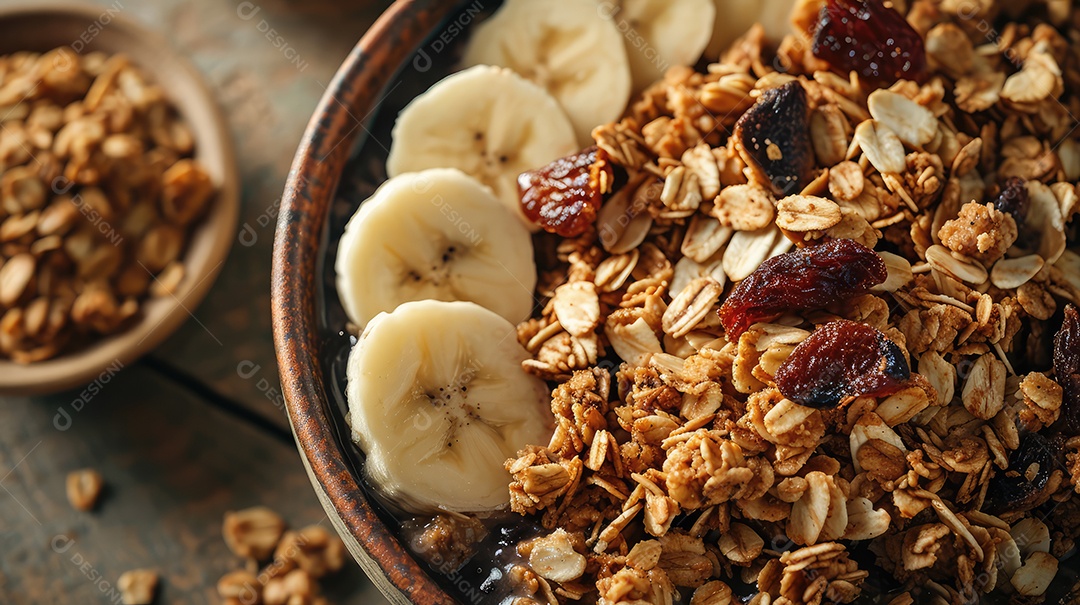 Granolas em uma Tigela sobre uma mesa de madeira