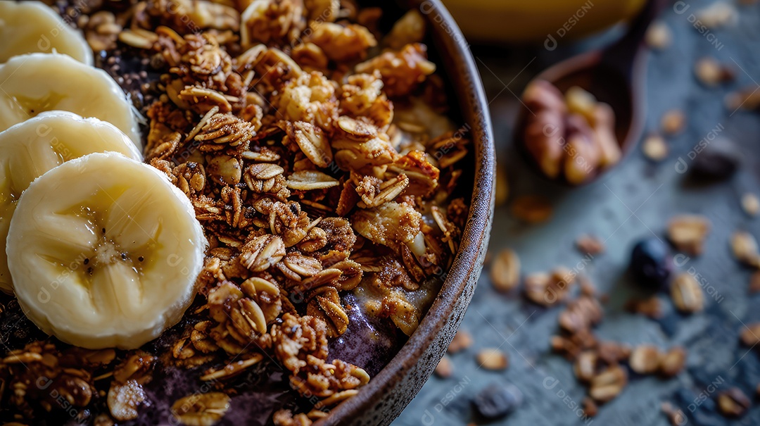 Granolas em uma Tigela sobre uma mesa de madeira