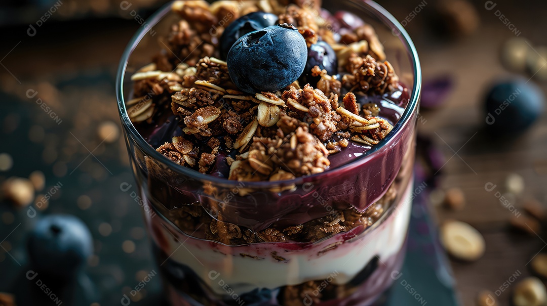 Comida sobre uma tigela de vidro em uma mesa de madeira