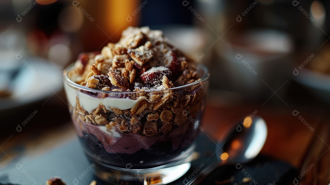 Comida sobre uma tigela de vidro em uma mesa de madeira