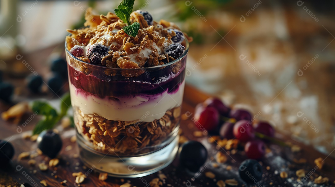 Comida sobre uma tigela de vidro em uma mesa de madeira