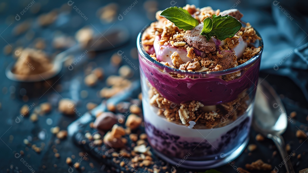 Comida sobre uma tigela de vidro em uma mesa de madeira