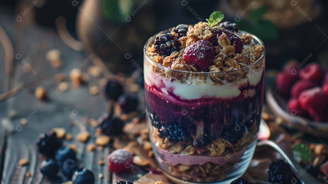 Comida sobre uma tigela de vidro em uma mesa de madeira