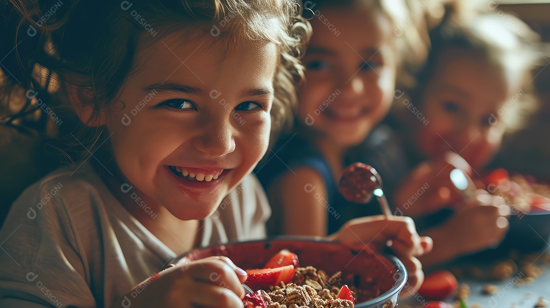 Crianças comida sobre uma tigela de vidro em uma mesa de madeira