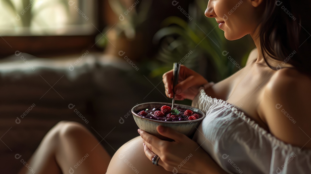 Retrato realista de mulher segurando tigela de comida