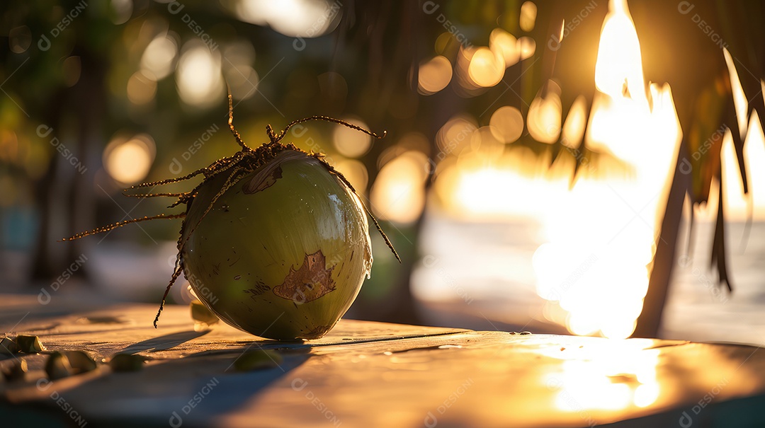Coco verde à beira da piscina aberta com água de coco fresquinha para refrescar do calor