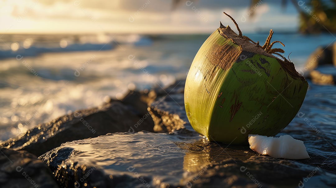 Coco verde à beira da piscina aberta com água de coco fresquinha para refrescar do calor